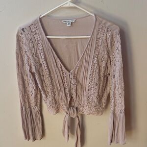 American Eagle Outfitters Beige Lace Tie-Front Blouse